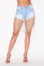 Rhinestone Fringe Denim Shorts - PRIVILEGE 