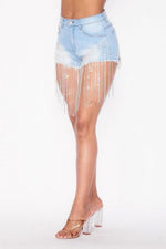 Rhinestone Fringe Denim Shorts - PRIVILEGE 