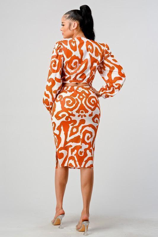 PRINTED 2 PCS SKIRT WITH WRAP CROP TOP - PRIVILEGE 