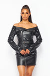 Vegan Leather Off Shoulder Moto Dress - PRIVILEGE 