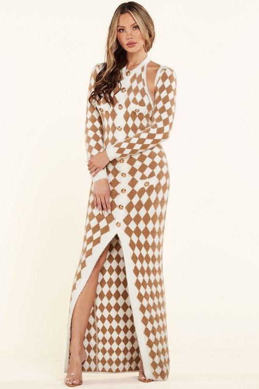 DIAMOND PATTERN SOFT FUR MAXI DRESS - PRIVILEGE 