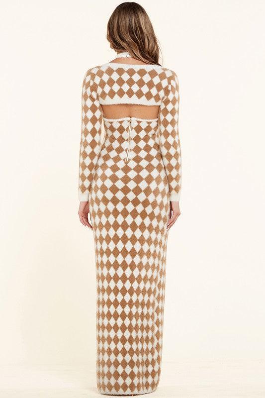 DIAMOND PATTERN SOFT FUR MAXI DRESS - PRIVILEGE 