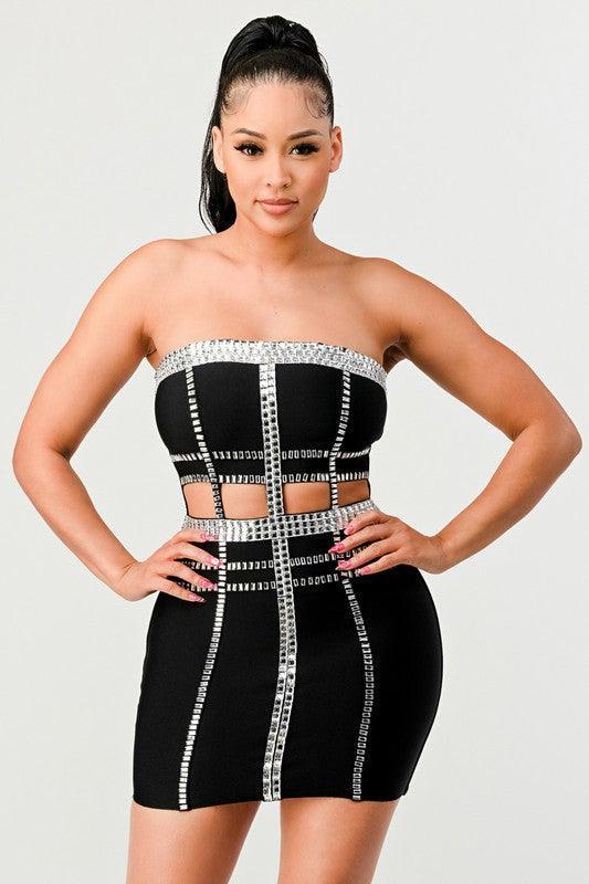 BANDAGE OPEN DETAIL RHINESTONE DRESS - PRIVILEGE 