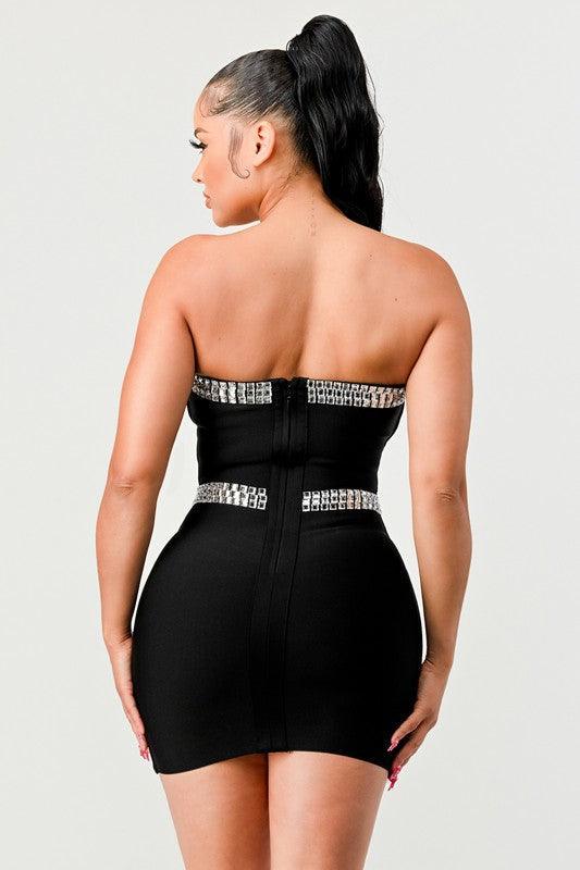 BANDAGE OPEN DETAIL RHINESTONE DRESS - PRIVILEGE 