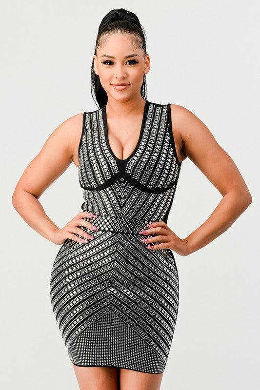RHINESTONE BANDAGE DRESS - PRIVILEGE 