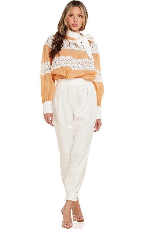 TWO PIECE CROCHET DETAIL PANT SET - PRIVILEGE 