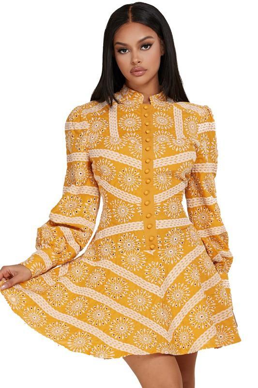 MUSTARD EYELET MINI DRESS - PRIVILEGE 