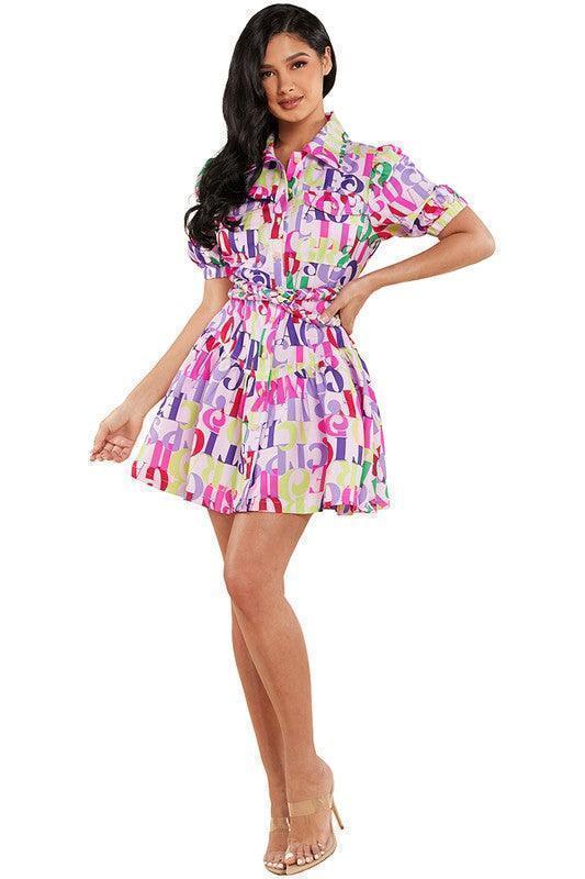 ALAPHABET PRINT MINI DRESS - PRIVILEGE 