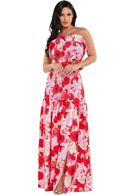 POPPY FLOWER PRINT TUBE TOP AND MAXI SKIRT - PRIVILEGE 