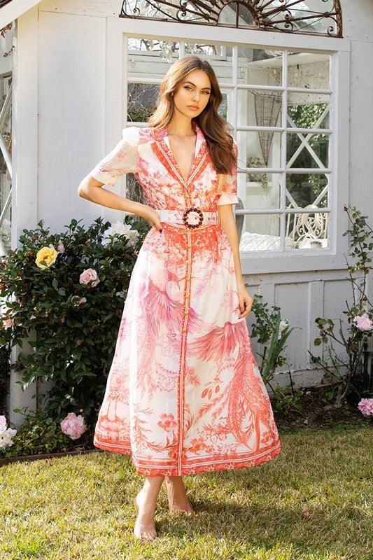 PINK BIRD CHIFFON MAXI DRESS - PRIVILEGE 