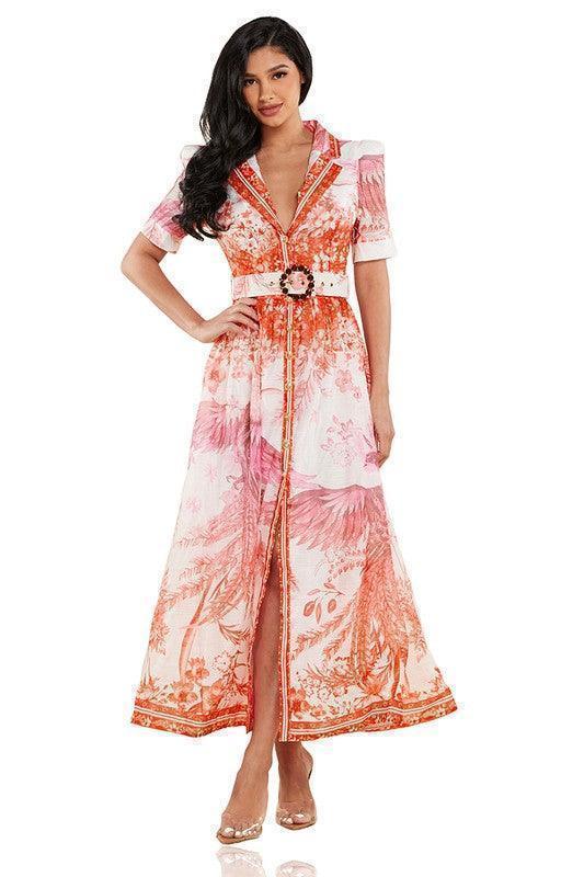 PINK BIRD CHIFFON MAXI DRESS - PRIVILEGE 
