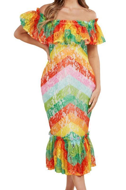 Rainbow Lace Chevrons Print Patterned Midi Dress - PRIVILEGE 