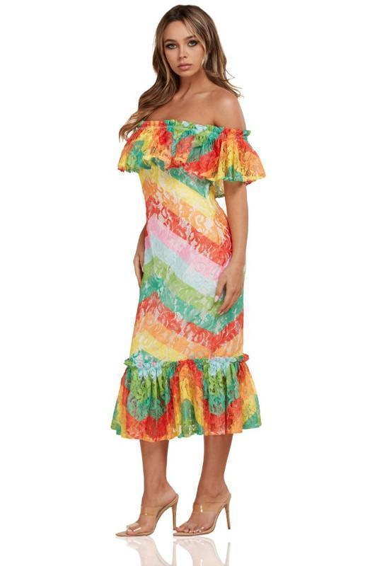 Rainbow Lace Chevrons Print Patterned Midi Dress - PRIVILEGE 