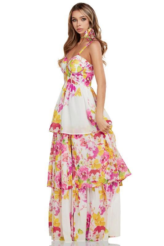Tiered Floral Maxi Dress with 3D Accent - PRIVILEGE 