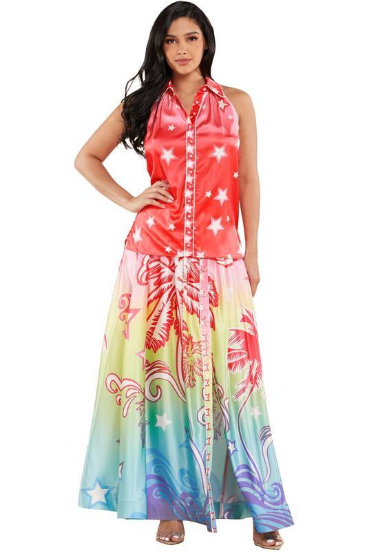 Vibrant Ombre Tropical Print Top and Skirt Set - PRIVILEGE 