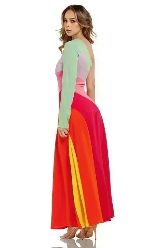 PASTEL COLORBLOCK MAXI DRESS 1 SHOULDER SLEEVE - PRIVILEGE 