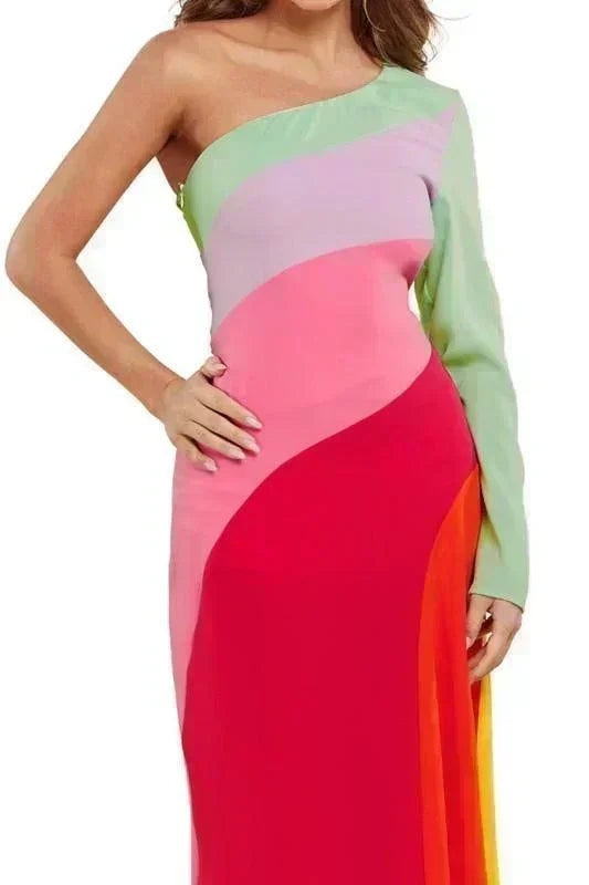 PASTEL COLORBLOCK MAXI DRESS 1 SHOULDER SLEEVE - PRIVILEGE 