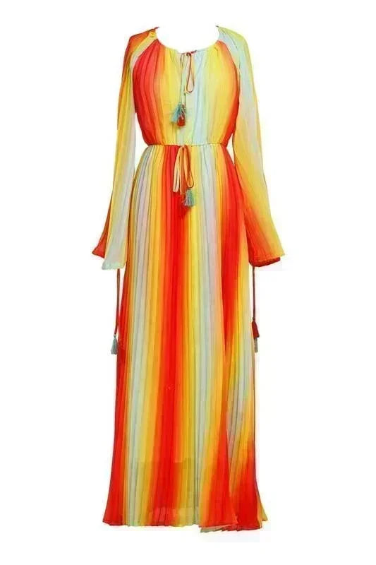 Gradient Pleated Maxi Dress with Banded Waist - PRIVILEGE 