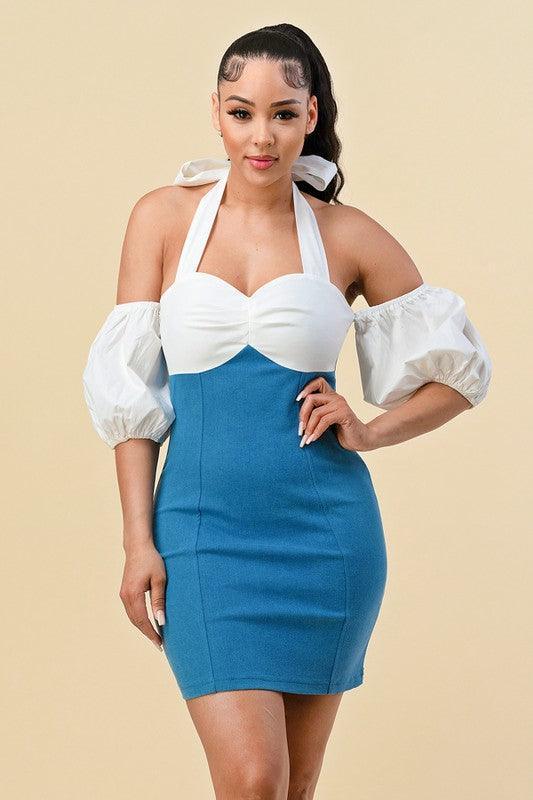 HALTER TOP COMBO DENIM DRESS - PRIVILEGE 