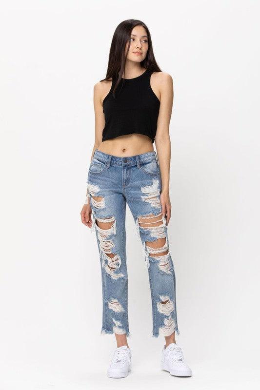 MID RISE HEAVEY DESTROY BOYFRIEND JEANS - PRIVILEGE 