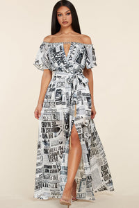 NEWSPAPER PRINT OFF SHOULDER MAXI DRESS - PRIVILEGE 