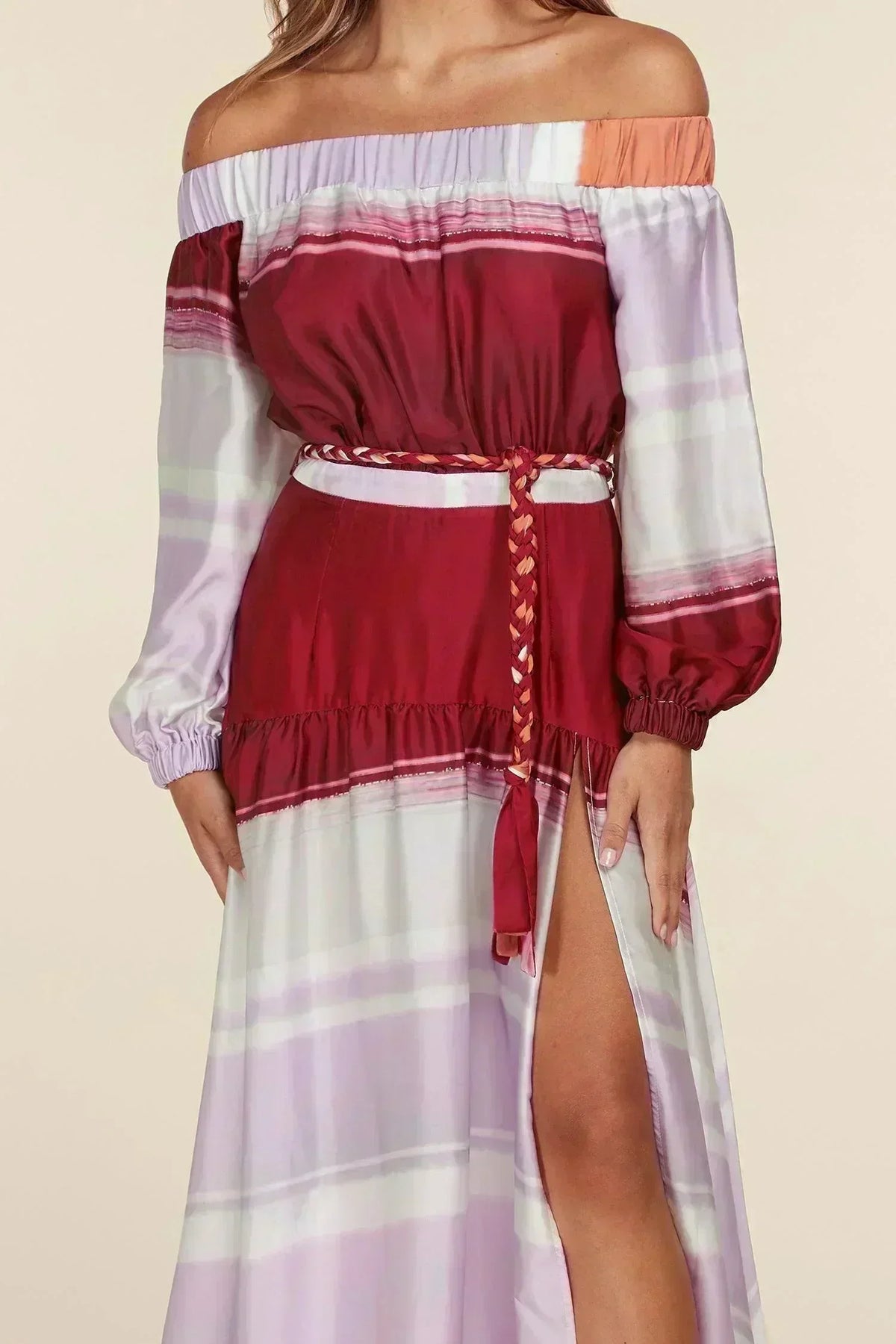 SILKY SMOOTH OFF SHOULDER MAXI DRESS - PRIVILEGE 