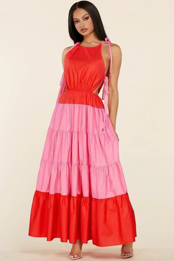PINK AND RED MAXI DRESS TIE SHOULDERS - PRIVILEGE 