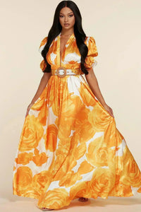PUFF SLEEVE FLORAL ORANGIE MAXI DRESS - PRIVILEGE 
