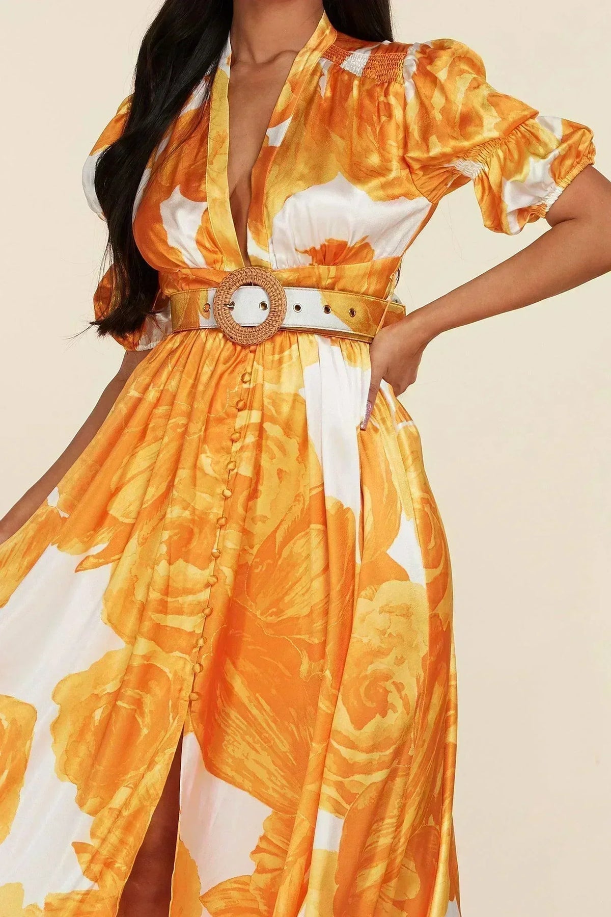 PUFF SLEEVE FLORAL ORANGIE MAXI DRESS - PRIVILEGE 