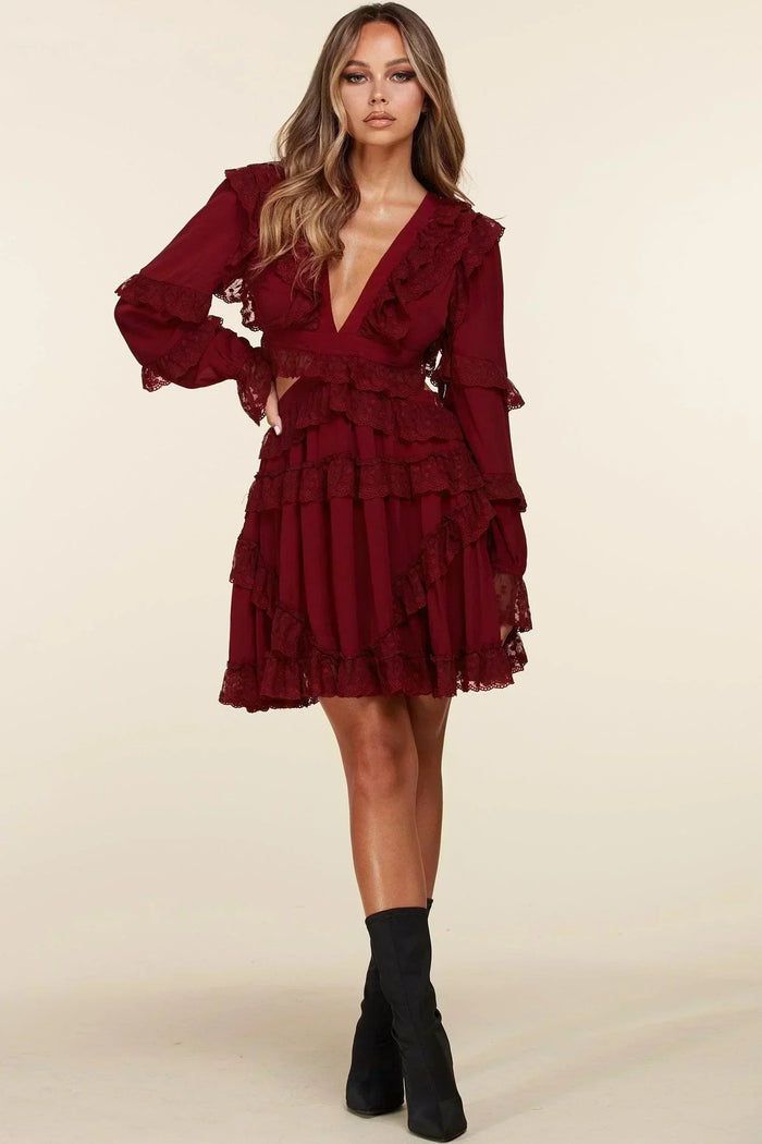 BURGUNDY SHOE LACE BACK MINI SWING DRESS - PRIVILEGE 