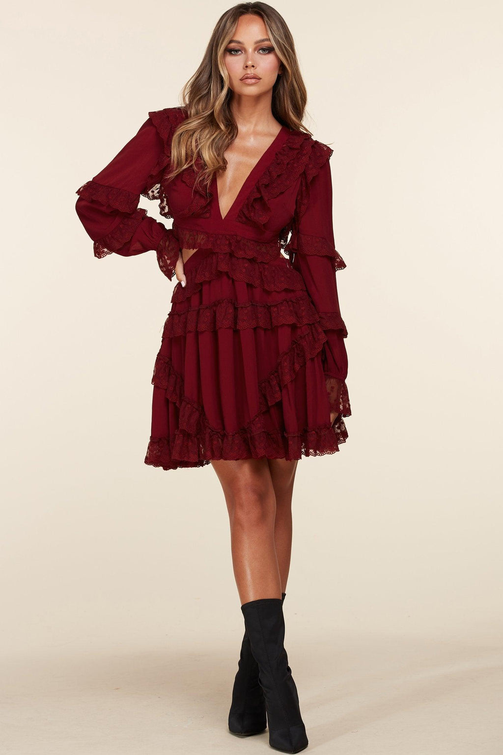 BURGUNDY SHOE LACE BACK MINI SWING DRESS - PRIVILEGE 