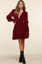 BURGUNDY SHOE LACE BACK MINI SWING DRESS - PRIVILEGE 