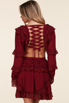 BURGUNDY SHOE LACE BACK MINI SWING DRESS - PRIVILEGE 