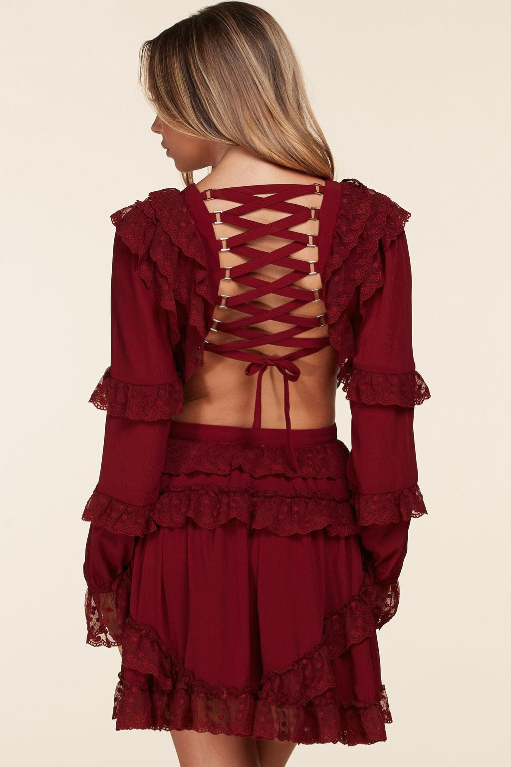 BURGUNDY SHOE LACE BACK MINI SWING DRESS - PRIVILEGE 
