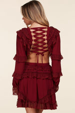 BURGUNDY SHOE LACE BACK MINI SWING DRESS - PRIVILEGE 