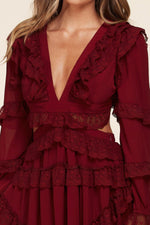 BURGUNDY SHOE LACE BACK MINI SWING DRESS - PRIVILEGE 
