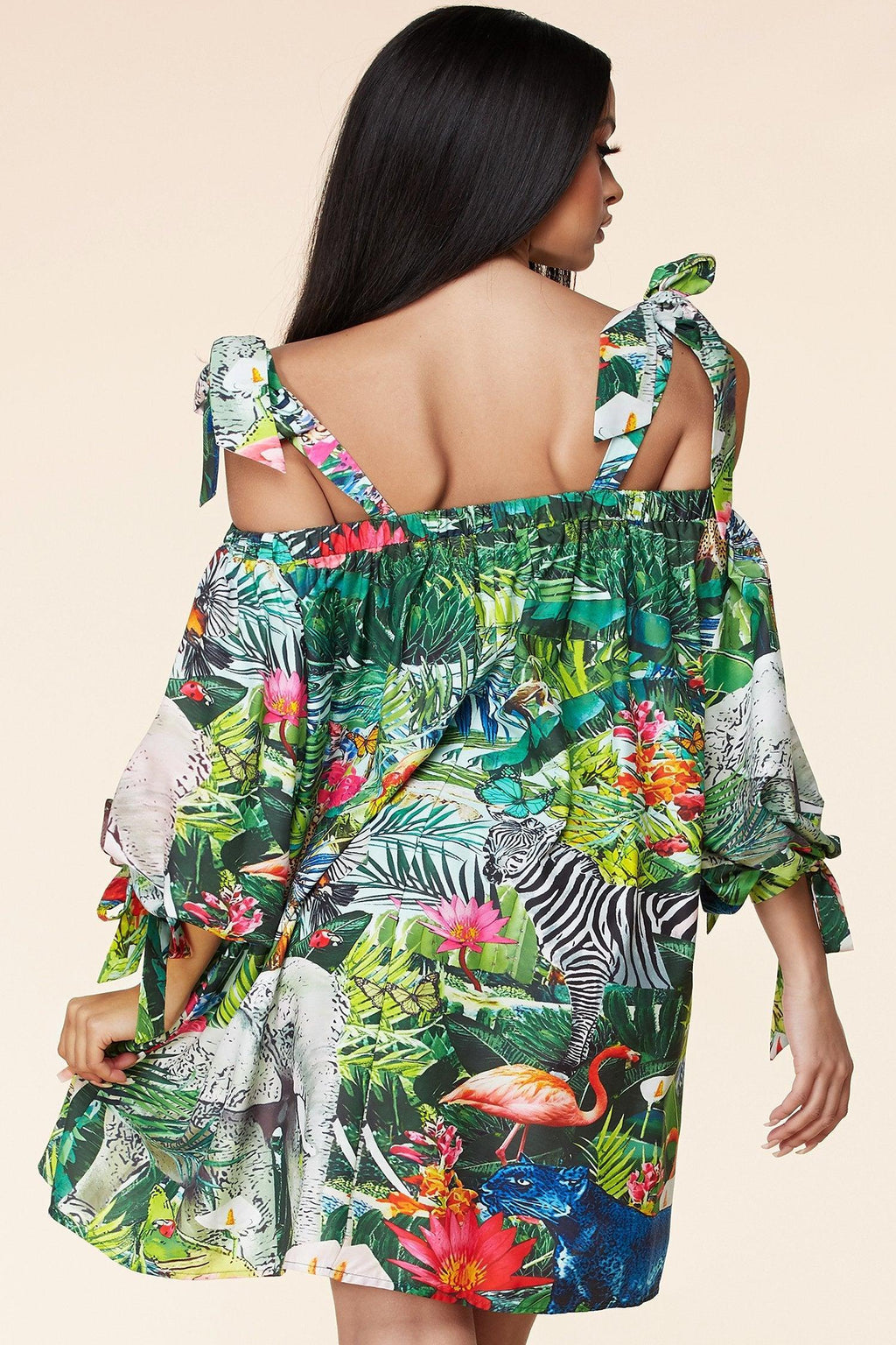 JUNGLE PRINT OFF SHOULDER MINI DRESS - PRIVILEGE 
