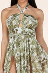OLIVE TROPICAL CUT OUT HALTER MAXI DRESS - PRIVILEGE 