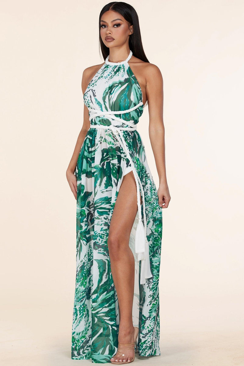 TROPICAL BRAIDED TRIM HALTER DRESS - PRIVILEGE 