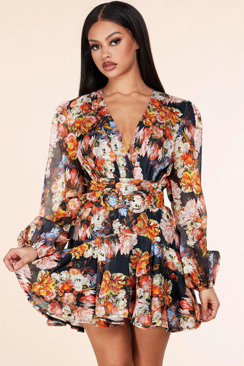 FLORAL PRINT V-NECKLINE MINI DRESS - PRIVILEGE 