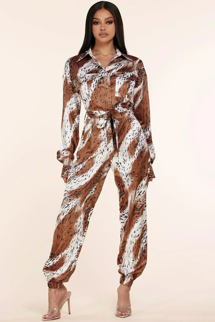 LEOPARD PRINT SILK LIKE JUMPSUIT - PRIVILEGE 