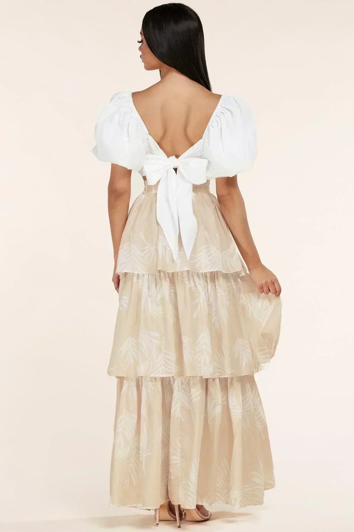 WHITE /NATURAL LEAF 2PC SKIRT AND CROP TOP - PRIVILEGE 