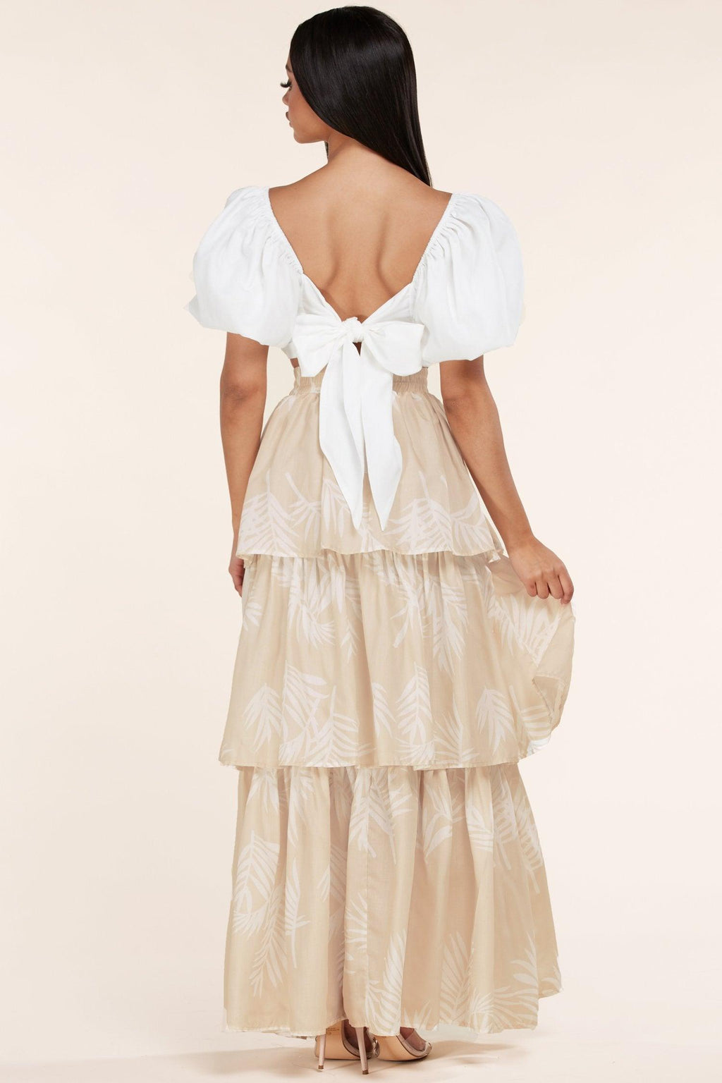 WHITE /NATURAL LEAF 2PC SKIRT AND CROP TOP - PRIVILEGE 