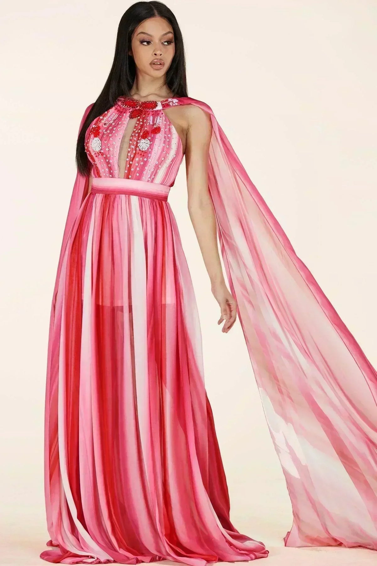 RED PINK MIX MAXI DRESS HALTER KEYHOLE FRONT - PRIVILEGE 