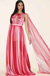 RED PINK MIX MAXI DRESS HALTER KEYHOLE FRONT - PRIVILEGE 