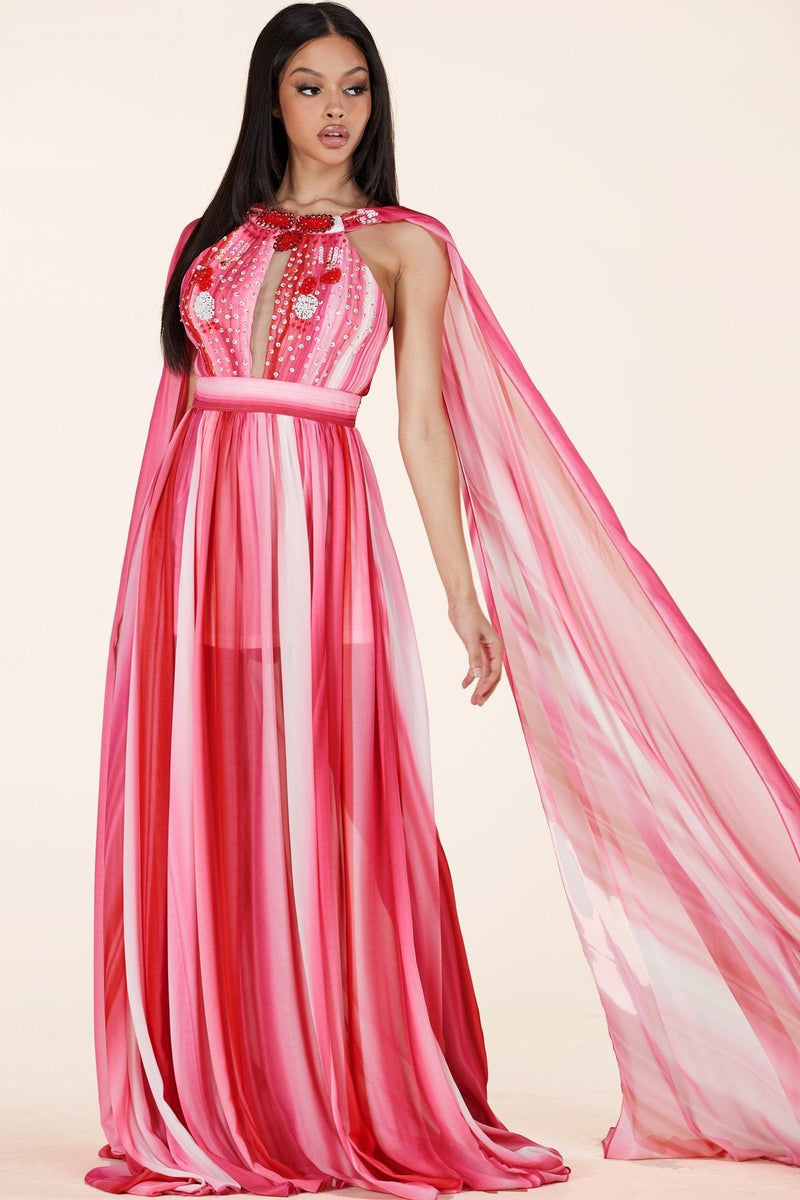 RED PINK MIX MAXI DRESS HALTER KEYHOLE FRONT - PRIVILEGE 