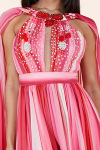 RED PINK MIX MAXI DRESS HALTER KEYHOLE FRONT - PRIVILEGE 