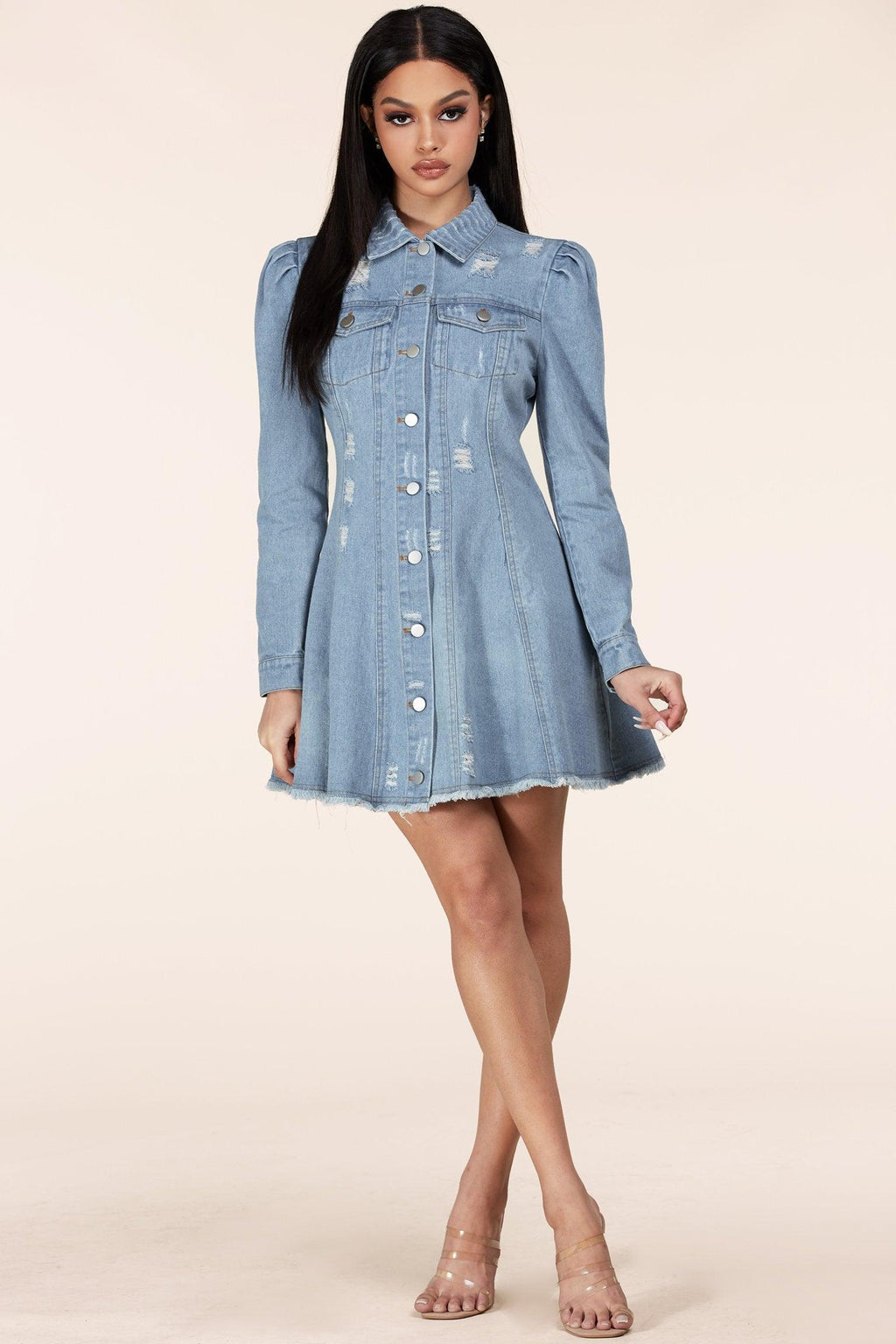 DENIM DISTRESSED MINI DRESS - PRIVILEGE 