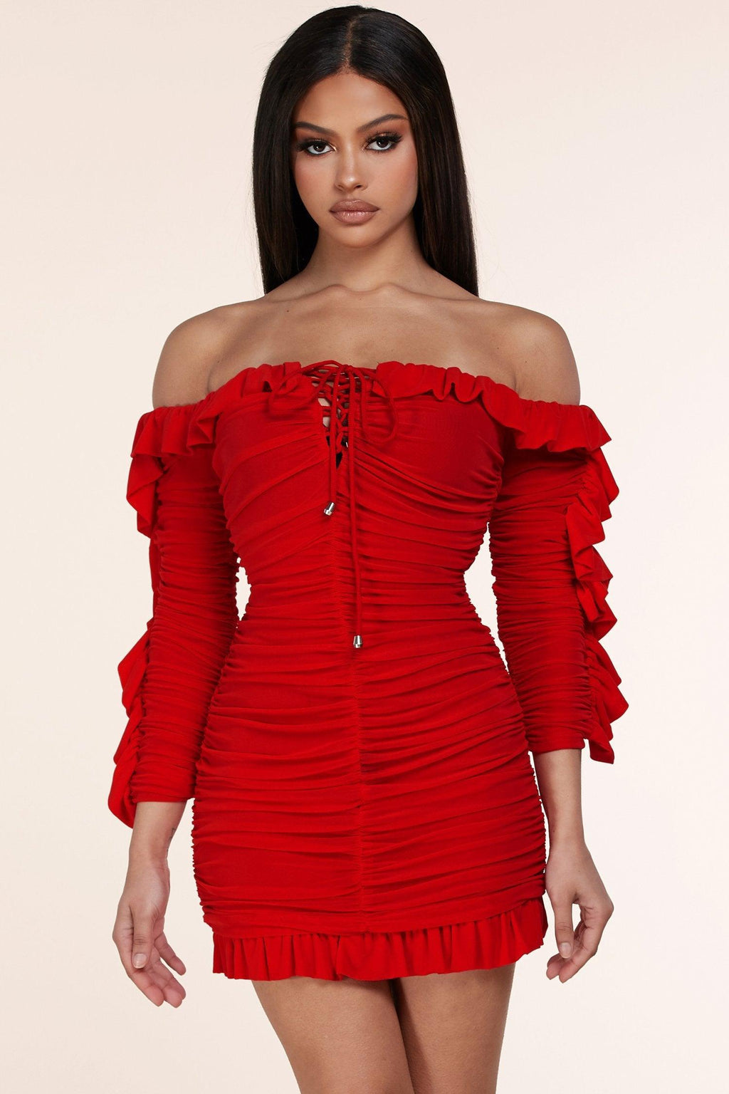 RUSHED BODY CON MINI DRESS - PRIVILEGE 