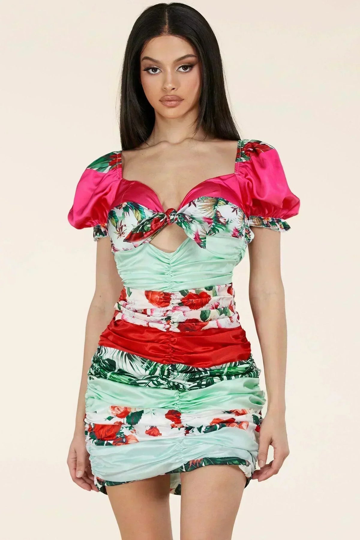 PRINTED RUSCHED PUFF SLEEVE CUTOUT MINI DRESS - PRIVILEGE 